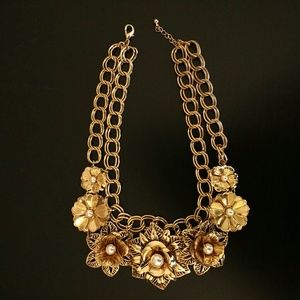 Gold & Pearl Floral Statement Necklace